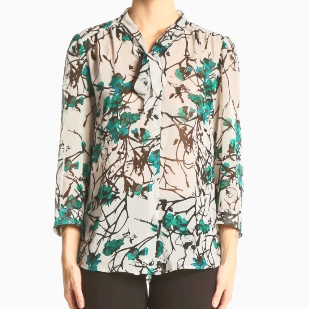 LOFT White Black & Teal Blue Green Floral Sheer Bow Necktie Blouse Womens S